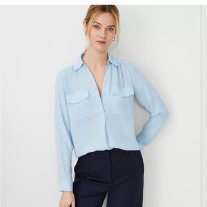 Ann Taylor XXS Camp Shirt long sleeve blouse light blue